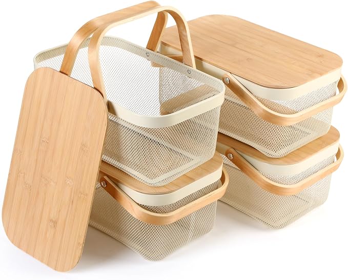 Jingmore 4 Pcs Metal Mesh Baskets with Lid, Stackable for Storage, Prevents Fruit Flies for Vegetable Fruit Kitchen Cabinet Picking Gathering Pantry Harvest Garden(16 Inch,White) - Image 3
