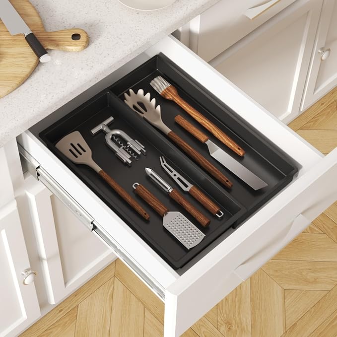 Lifewit Utensil Organizer for Kitchen Drawer, Expandable Cooking Tray | Adjustable Cutlery Flatware Holder, Plastic Silverware Spatula Tools Storage Divider, 7.5-12.9 x 16.1", Black - Image 9