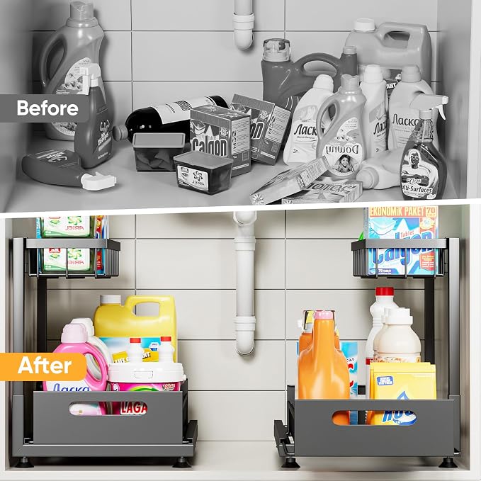 L-Shaped Under Sink Organizer, 2-Tier Pull-out Cabinet Rack 1-Pack | Black Height-Adjustable Steel Rack, Sliding Grid Drawers with PP Liners, Holds 100 Lbs, Suction Base, Ideal Kitchen Storage - Image 3