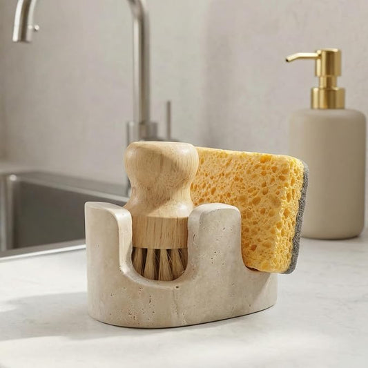 Travertine Sponge Holder for Kitchen Sink, 2-in-1 Sponge & Brush Holder, 2 Slot Natural Stone Sink Caddy for Countertop, Keeps Countertops Dry, Non-Slip Base, Elegant Kitchen Decor, Beige by Unknown