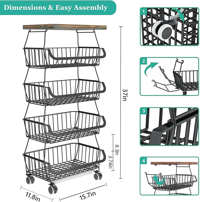 CHLORYARD Fruit Basket with Wooden Lid for Kitchen, 5-Tier Stackable Wire Fruit Vegetable Storage Basket Organizer Stand on Wheel, Produce Basket Potato Onion Storage Bins Rack Cart for Pantry - Image 5