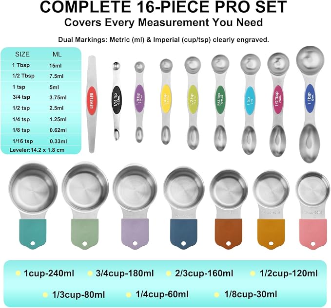 Magnetic Measuring Cups and Spoons Set of 16, 7 Stainless Steel Measuring Cups, 8 Double-Sided Measuring Spoons with 1 Leveler, Color Coded Handles, Dual Markings for Dry and Liquid Ingredients - Image 2