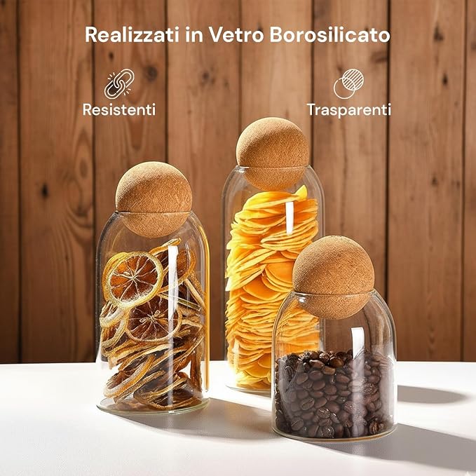 Glass Containers with Cork Lids Set of 3 500/800/1000 ml for Pasta, Coffee and Spices, Daily Use in the Kitchen, Elegant Design and Natural Airtight Closure - Image 2
