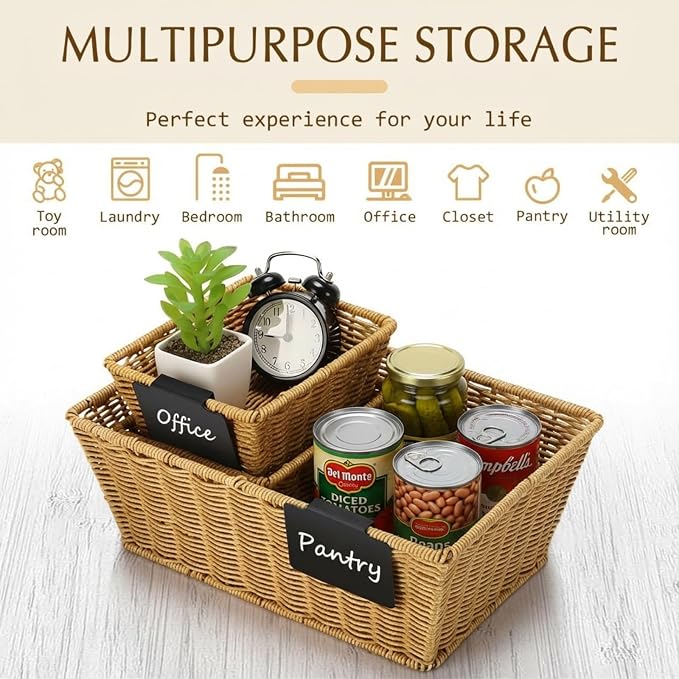 Marsui 6 Pcs Wicker Storage Baskets for Pantry Organization with Labels Handwoven Multi-size Natural Wicker Storage Bins for Organizing Small Baskets Container for Shelves Closet Toilet - Image 4