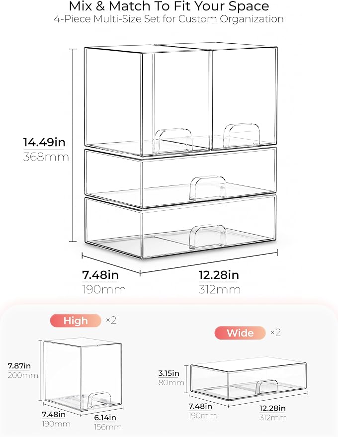 Stackable Storage Drawers Organizer Set of 4 for Bathroom Organizer Storage | Clear Plastic Organizer Bins for Baby Bottle, Kitchen Under Sink, Laundry, Pantry, Beauty, Cabinet, Medicine, Office Supplies - Image 2