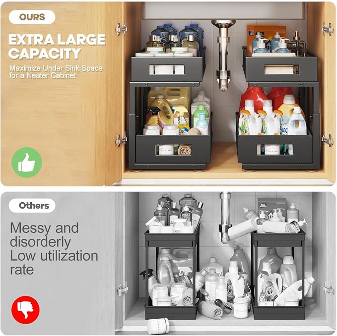 1 Pack 17IN Depth Under Sink Organizer, 2-Tier Pull Out Cabinet Organizer With Smooth Circular Rail, Large Capacity Metal Mesh Sliding Drawers For Bathroom& Kitchen Storage,Height Adjustable –Black - Image 4