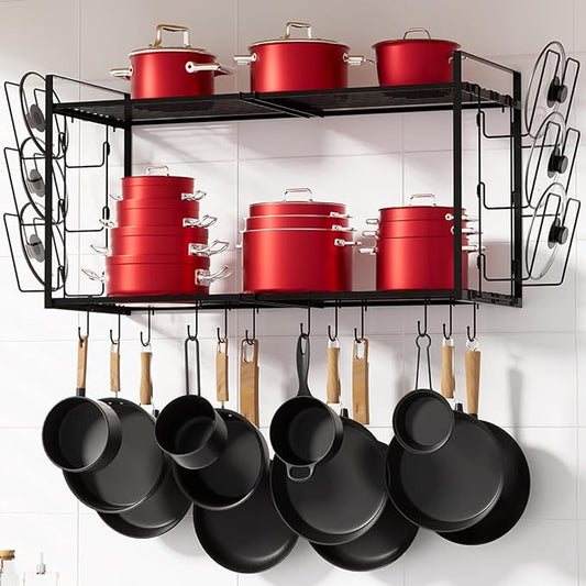 31 Inch Pot Rack Wall Mounted, 2-Tier Hanging Pots and Pans Organizer Expandable Heavy Duty Kitchen Shelves with 6 Pot Lid Holders and 12 Hooks for Kitchen Cookware Utensils Storage by Homics