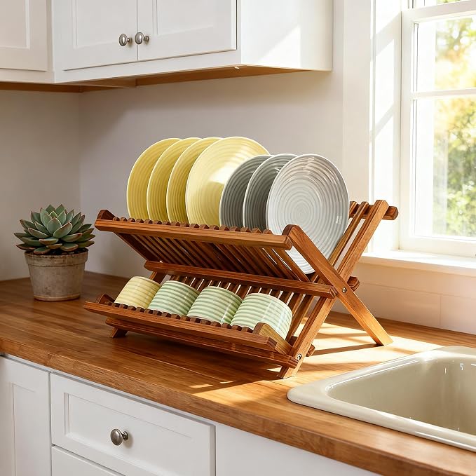 Utoplike Teak Wood Dish Drying Rack, Foldable Plate Organizer Countertop | Dishes Drainer Racks Collapsible, Small Holder for Cups, Bowls, Pans, Pots, Compact Kitchen Counter, 2 Tier, Space Saving - Image 5