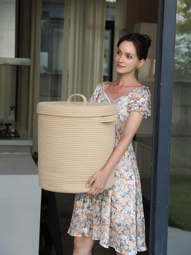 16x18 Inch Extra Large Round Cotton Rope Storage Basket with Lid, Decorative Woven Bin with Cover for Living Room Bedroom Closet, Beige - Image 6