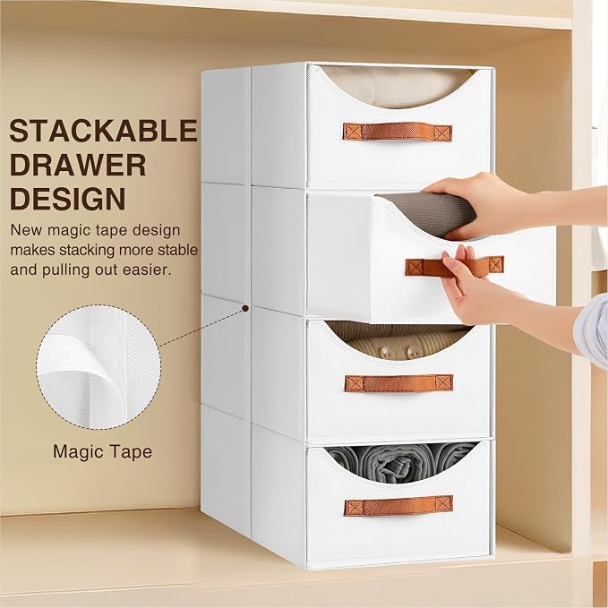 Stackable Storage Drawers - Large Collapsible Storage Bins with Drawers, 6 Pack Closet Shelf Organizer Basket, Fabric Pull Out Organizer for Bedroom, Living Room, Dorm, White - Image 4