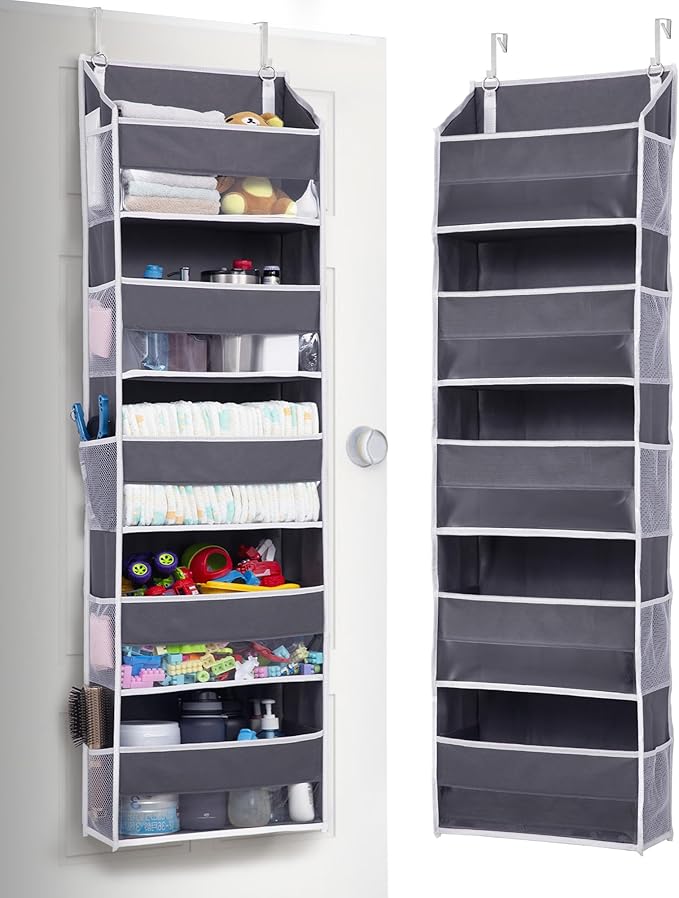 ULG 1 Pack Over Door Organizer with 5 Large and 10 Mesh Side Pockets, 44 lbs Weight Capacity Hanging Storage with Clear Window Kids Toys, Shoes, Diapers, Dark Grey, 5 Layers by ULG