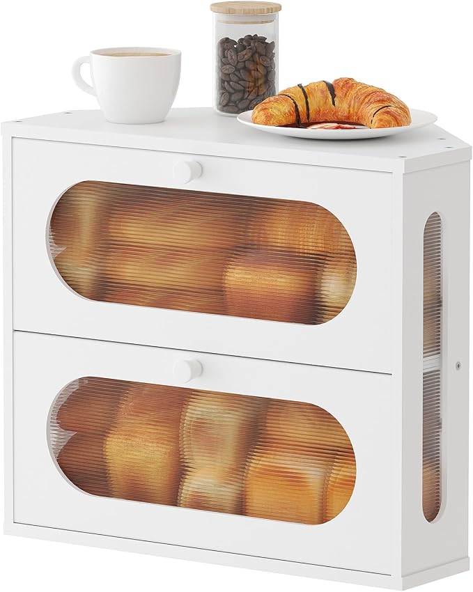 Corner Bread Box for Kitchen Countertop, 2026 New Double Layer Bamboo Bread Storage Bin, Large Bread Container for homemade bread (White) by AUGOHCMIL
