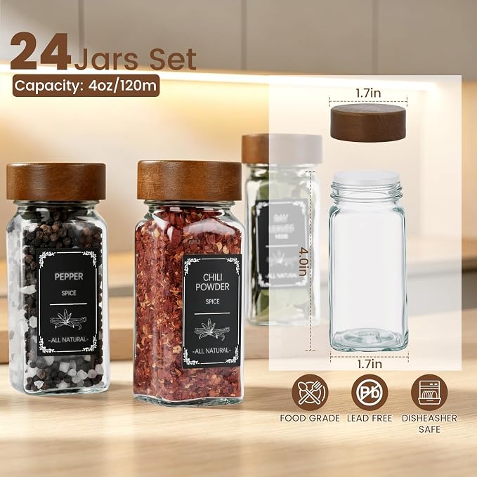 2 Pack Spice Rack with 24 Spice Jars, 4OZ Wood Lid Spice Containers with Expandable Spice Organizer Shelf, Spice Labels, Pepper Grinder Lids, Chalk Marker & Funnel Set for Drawer Kitchen Countertop - Image 4