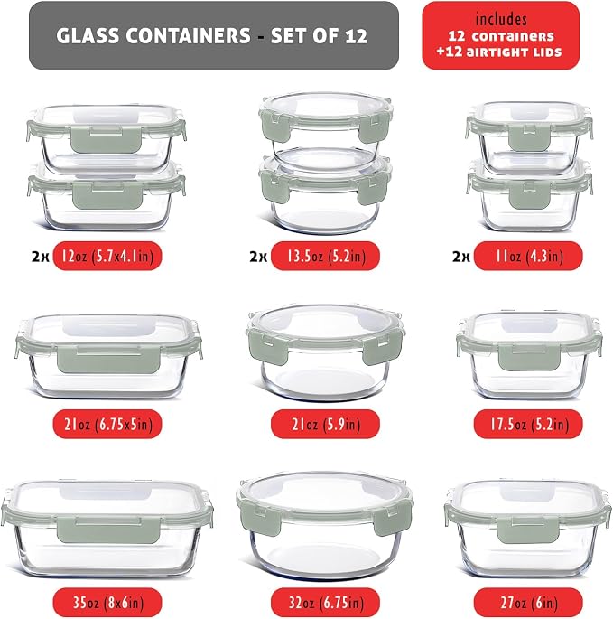 EATEX 24pc Glass Storage Containers with Lids, 12 Glass Food Storage Containers with 12 Airtight Lids for Pantry & Kitchen, Meal Prep Containers for Lunch, Oven Freezer Microwave & Dishwasher Safe - Image 3