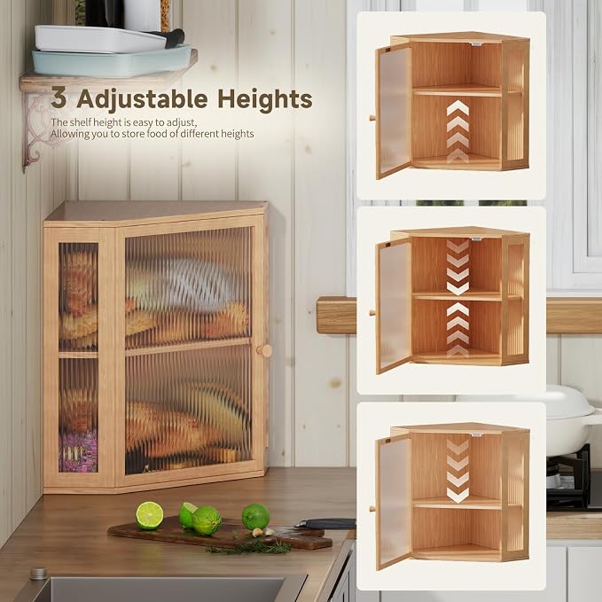 Corner Bread Box for Kitchen Countertop,Bread Storage(Natural, Extra Large) | Double Layer Large Capacity Bamboo Bread Container Bin with Acrylic Door,Height Adjustable - Image 5