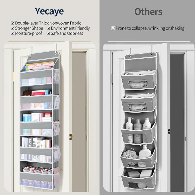 Yecaye Over The Door Organizer Storage, 5-Tier Heavy Duty Door Organizers Hanging with 10 Side Mesh Pockets, 44 lbs Load Capacity Behind Door Storage for Bathroom Nursery Bedroom Dorm Closet,Grey,1Pc - Image 7