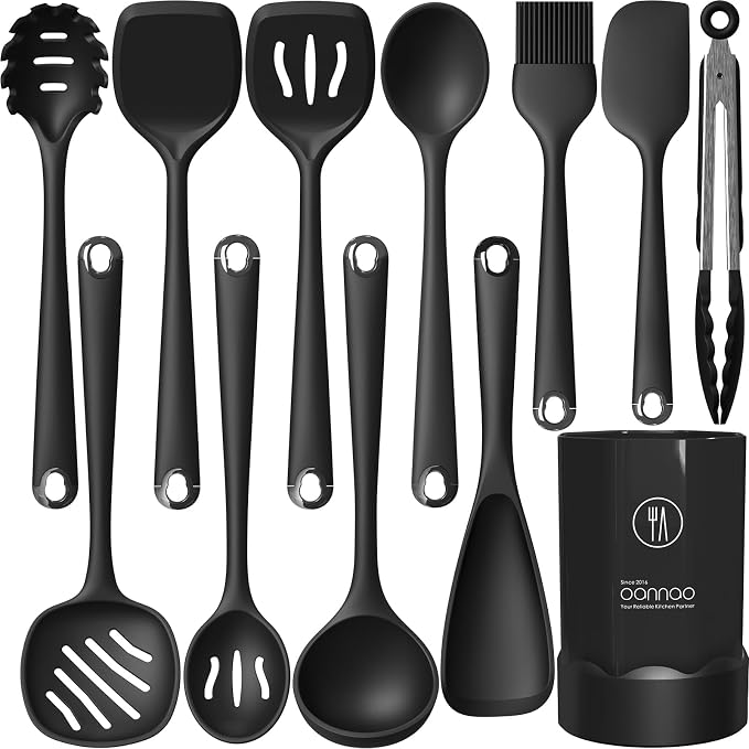 Silicone Kitchen Utensils Set,Utensils Sets for Cooking,Dishwasher Safe | Seamless Spatula Set,Nonstick Cookware, BPA-Free,Heat Resistant up to 600°F, House warming Gift,Black by oannao