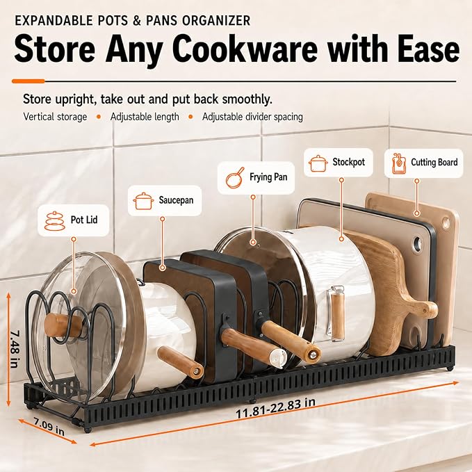 Pots and Pans Organizer Rack,Expandable Pot Lid Holder for Kitchen Cabinet | 11.81''-22.85'' Metal Rack with 12 Adjustable Dividers,Multifunctional Organizer for Cookware Bakeware Cutting Board Storage - Image 4