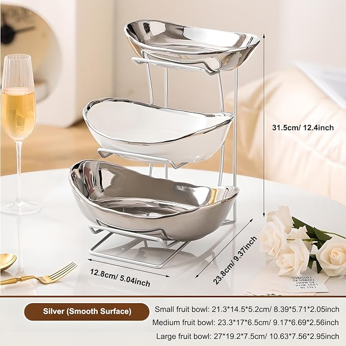 Gold Silver Fruit Bowl with Metal Stand, 3 Tier Ceramic White Fruit Bowl Fruit Rack for Kitchen Counter, Tiered Fruit Basket for Snacks Bread Candy Storage (Silver (Smooth Surface)) - Image 3
