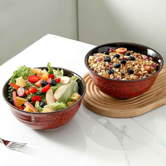 Hasense Ceramic Salad Bowl, 60 Ounces Large Serving Bowls, 8.5 Inch Soup Bowls Set of 2, Pasta Bowls for Ramen, Pho, Fruit, Housewarming, Wedding Gifts, Microwave Dishwasher Safe, Red - Image 2