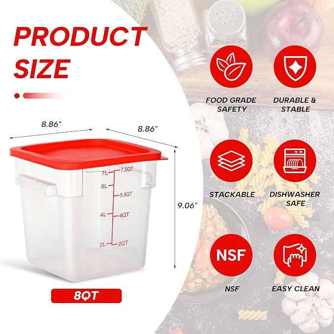 4 Pack 8QT Square Food Storage Containers with Lids | Clear NSF polycarbonate containers with scale, label and measuring cup, stackable for prep, storage, freezer. Dishwasher safe - Image 3