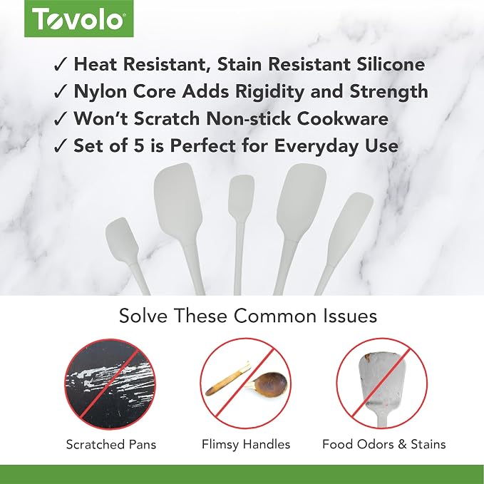 Tovolo Flex Core 5 Piece Silicone Spatula Set Heat Resistant All Silicone Utensils Include Non Stick Spatula Spoonula Jar Scraper, Dishwasher Safe BPA Free Spatulas for Baking Mixing, Oyster Gray - Image 3