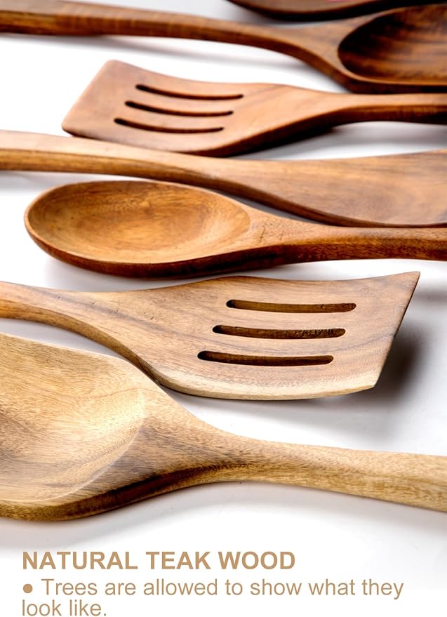 Wooden Cooking Utensils Set with Ceramic Holder,Teak Wood 10pcs Utensils | Holder for Countertop with Protection Cork Bottom,Nonstick Spoons, Spatula Set,Kitchen Decor, (Stone Black) - Image 5