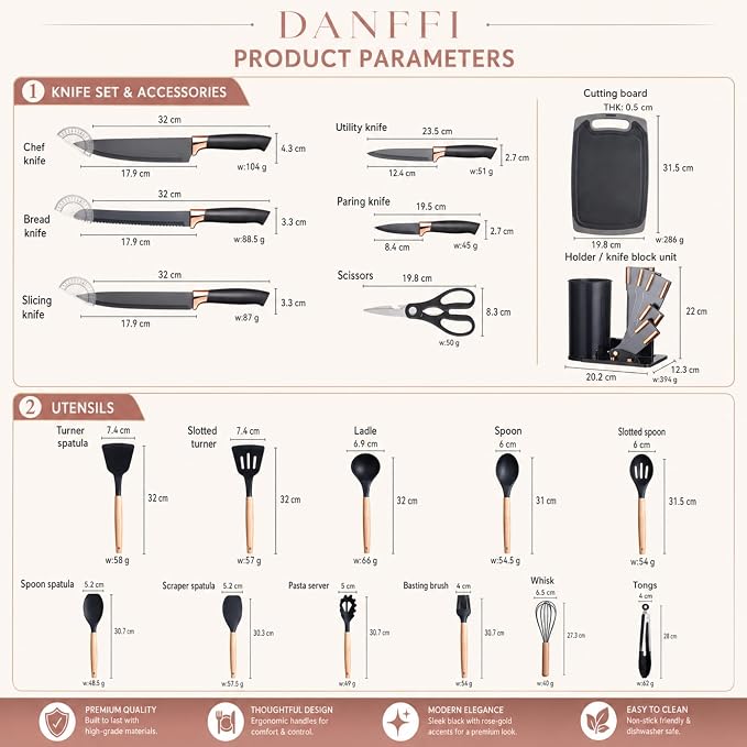 19-Piece Black Kitchen Utensils Set with Knife Set & Cutting Board - Silicone Cooking Utensils with Wooden Handles, Rose Gold Accents, Scissors, Whisk & Tongs - BPA-Free Modern Black Kitchen Gift Set - Image 9