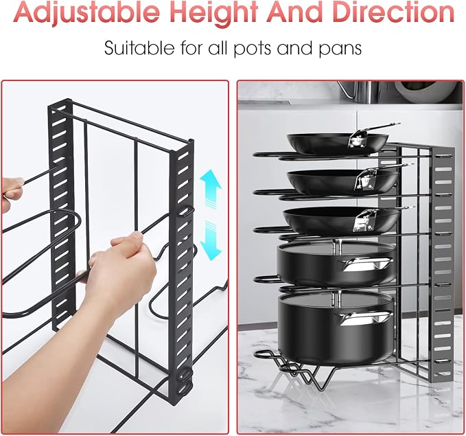 G-TING Pot Rack Organizers, 8 Tiers Pots and Pans Organizer for Kitchen Organization & Storage, Adjustable Pot Lid Holders & Pan Rack, Lid Organizer for Pots and Pans with 3 DIY Methods - Image 3