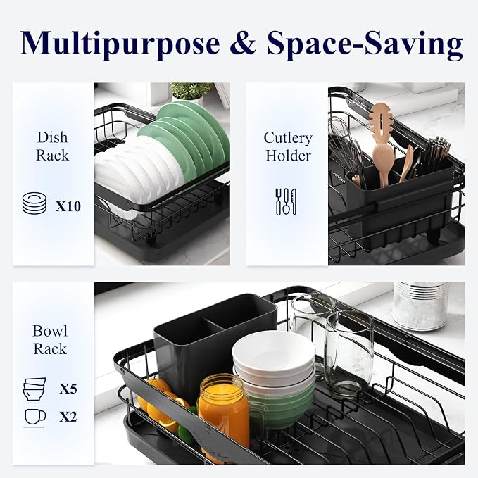 Kitsure Dish Drying Rack for Kitchen Counter, 12.2''W x 15.7''~23''L, Black | Stainless Steel Sink Organization, Cutlery Holder, Home and Appartment Decor - Image 3