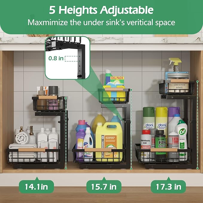 ADRIMER Under Sink Organizer 2 Packs, Pull Out Kitchen Sink Organizer, 2 Tier Slide Out Kitchen Organizers and Storage Bathroom Under Cabinet Storage Shelf, Black - Image 3