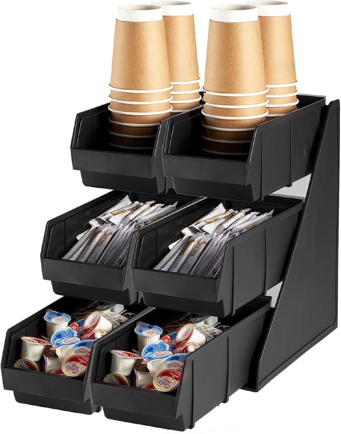 Black Self Serve Condiment Bin Stand Set, 3-Tier Stand with 6 Bins, 20" D x11.5" W x 14" H, Coffee Bar Beverage Station by CURTA