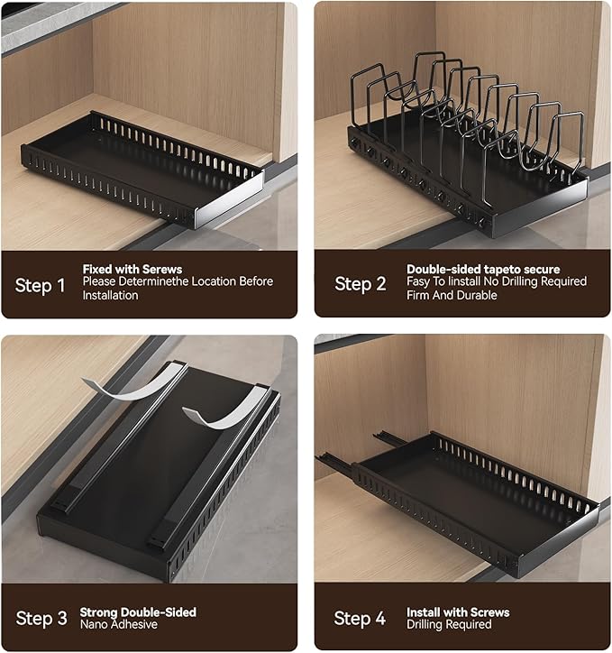 Pull Out Pot Lid Organizer, Cabinet Pan Rack, 10 Dividers | 2-pack black carbon steel rack, 16 adjustable dividers, quiet slide rails, adhesive or screw mount for lids, pans, bakeware - Image 3