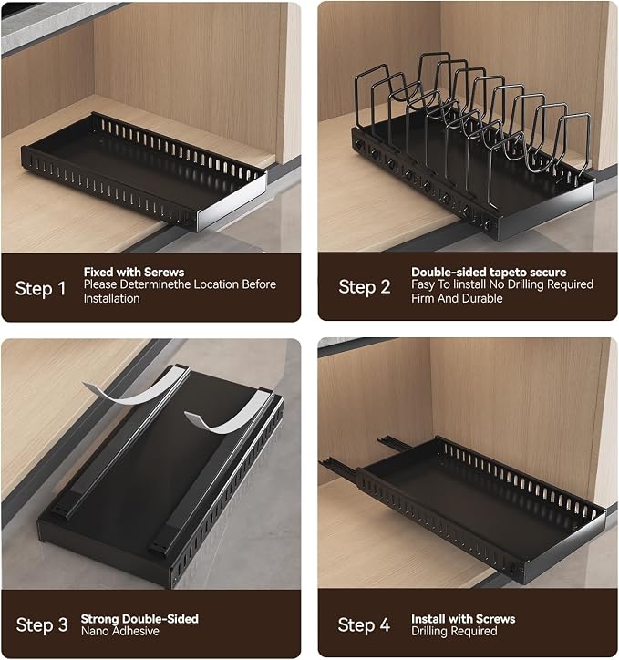Pull Out Pot Lid Organizer, Cabinet Pan Rack, 10 Dividers | 2-pack black carbon steel rack, 16 adjustable dividers, quiet slide rails, adhesive or screw mount for lids, pans, bakeware - Image 3