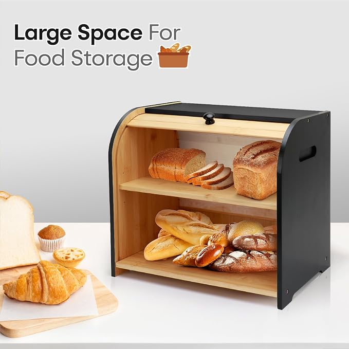 Bread Box for Kitchen Countertop, Two Layer Roll Top Bread Holder | 3 Adjustable Height, Large Capacity, Bamboo Bread Storage Container for Homemade Bread,Breadbox Organizer for Kitchen Counter - Image 3