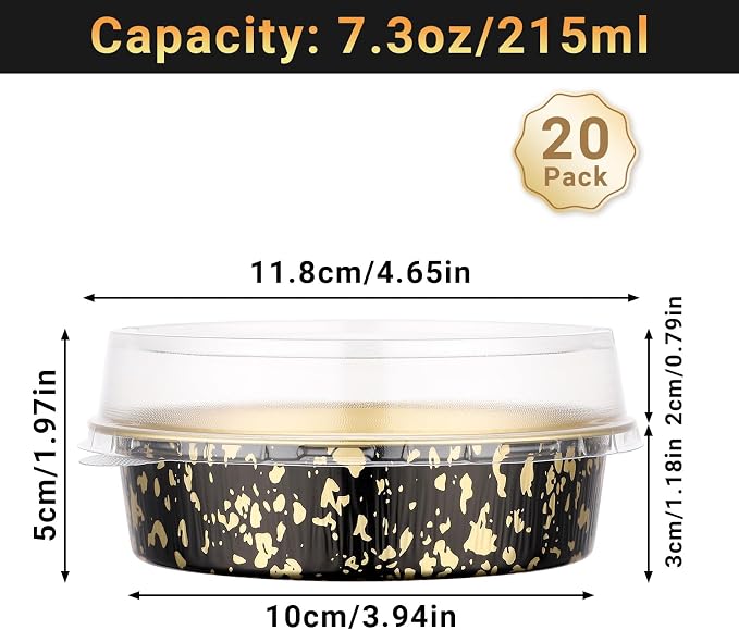 Beasea 7.3oz Cheesecake Pan with Lids, 20 Pack 4 Inch Round Aluminum Foil Disposable Tart Tins, Cupcake Container with Lids Mini Pie Tart Pans Baking Cups For Pizza Quiche - Black Gold Speckles - Image 2