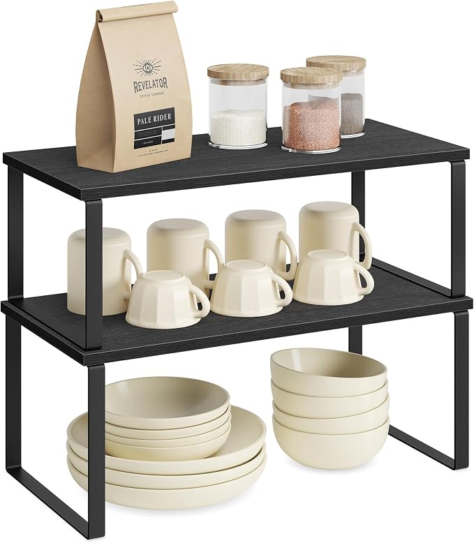 SONGMICS Cabinet Organizer Shelf, Set of 2 Kitchen Counter Shelves, Kitchen Storage, Spice Rack, Stackable, Expandable, Metal and Engineered Wood, 15.6 Inches, Ink Black and Charcoal Black UKCS025B01 - Image 8