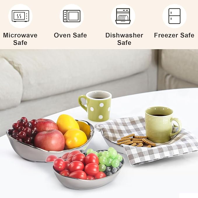 3 Tier Fruit Basket for Kitchen Counter, Modern Ceramic Fruit Bowl with Silver Metal Stand, Fruit Holder Stand for Snacks, Nuts, Cakes, Desserts, Bread, Candy Storage - Image 5