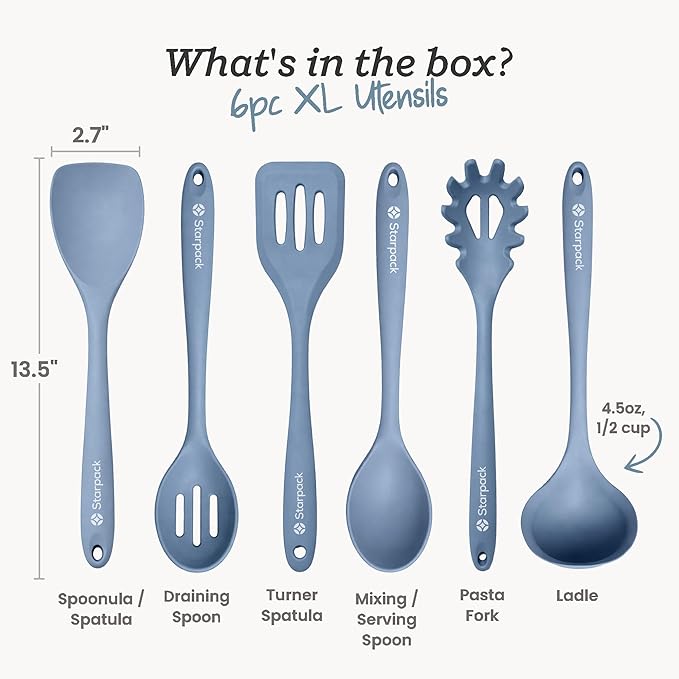 Starpack Like a Boss XL Silicone Cooking Utensils Set (6-Piece, 13.5") - LFGB Certified, 600°F Heat Resistant, BPA-Free - Heavy-Duty Steel Core, Dishwasher Safe - for Nonstick Cookware, Light Blue - Image 2