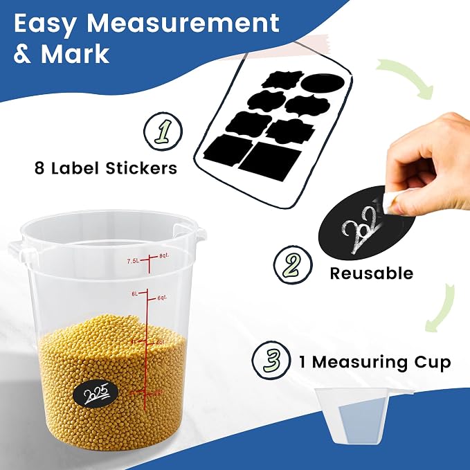 4 Pack 8QT Round Food Storage Containers with Lids | NSF, BPA-free PP containers with scale, label and measuring cup, stackable for prep, storage, freezer. Dishwasher safe - Image 4