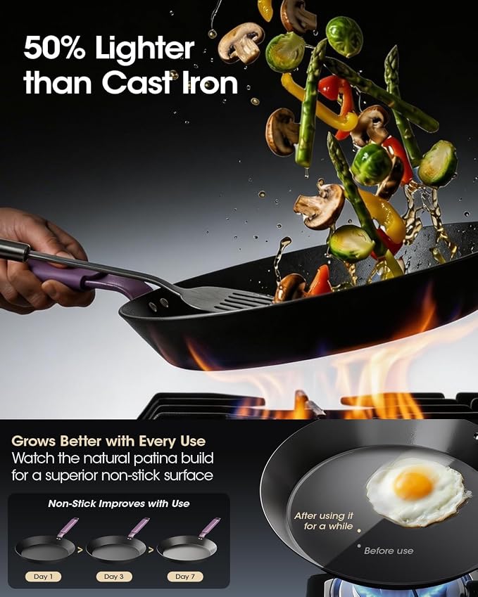 Carbon Steel Skillet 12 Inch, Nitrided Steel Frying Pan, Preseasoned Rust Resistant Large Cooking Pan with Ergonomic Handle & Removable Silicone Grip, Induction & Oven Safe | Natural Patina Development with No Chemical Coating; Spacious Cooking Surface... - Image 5