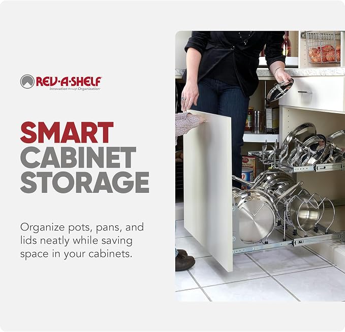 Rev-A-Shelf Kitchen Cabinet Pullout Organizer, Min Open Width of 20.5" | 2-Tier U-Shaped Cookware Storage Rack for Pots, Pans, and Lid Cookware, Adjustable Heavy Duty Wire, Chrome, 5CW-1222-CR - Image 7