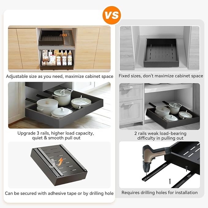 2 Pack 21'' Deep Pull Out Cabinet Organizer Expandable Width (12.6'' to 21'') Slide Out Drawers Pull Out Drawers Fixed with Adhesive Nano Film or Nail for Kitchen Bathroom Organization, Black - Image 5