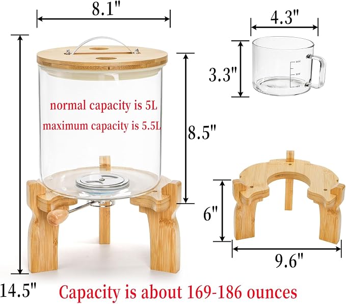 Goaste Glass Rice Dispenser with Bamboo Stand, 5L Flour Cereal Container with Airtight Lid, 8 Lbs Large Grain Food Storage Bucket, Countertop Beans Storage Tank with Measuring Cup & Valve for Dry Food - Image 2