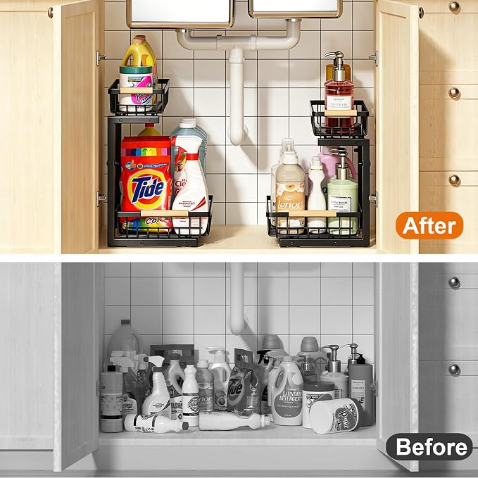 Under Sink Organizer, 2 Pack Height Adjustable Under Sink Organizers and Storage, 2 Tier Pull Out Drawer Cabinet Storage for Kitchen Bathroom - Image 6