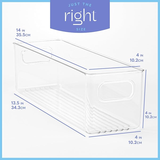 Plastic Food Storage 6 Pack Clear Container Bin with Handles for Organizing Kitchen, Pantry, Refrigerator, Freezer, Pantry, Cabinet, Closet, Bathroom. 14”x4”x4” - Image 3