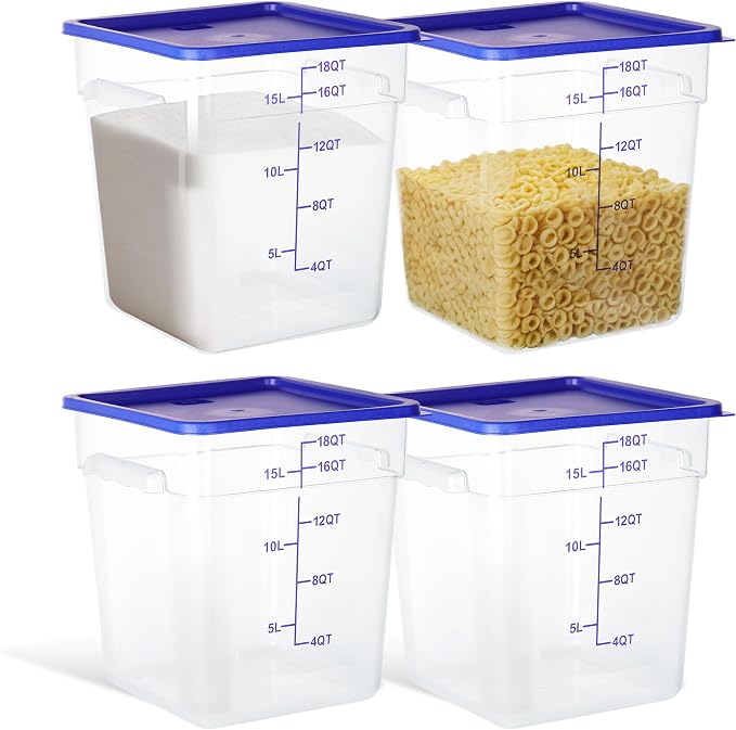 4 Pack 18QT Square Food Storage Containers with Lids | Clear NSF polycarbonate containers with scale, label and measuring cup, stackable for prep, storage, freezer. Dishwasher safe by STEELUS