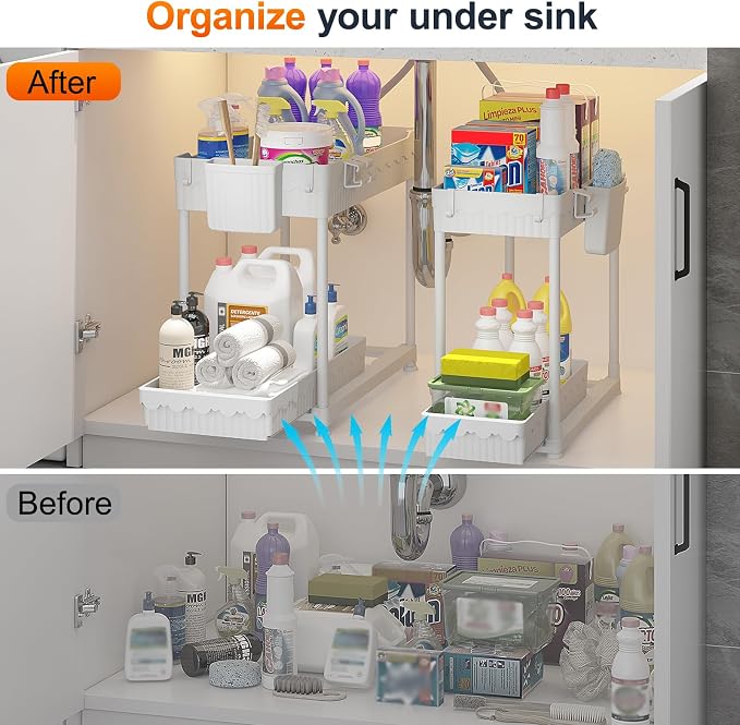 4-Pack 2-Tier Under Sink Organizer with Pull Out Drawers | Multi-use kitchen & bathroom storage. Includes hanging hooks and cups. White, space-saving cabinet design. 12.8 Inch - Image 3