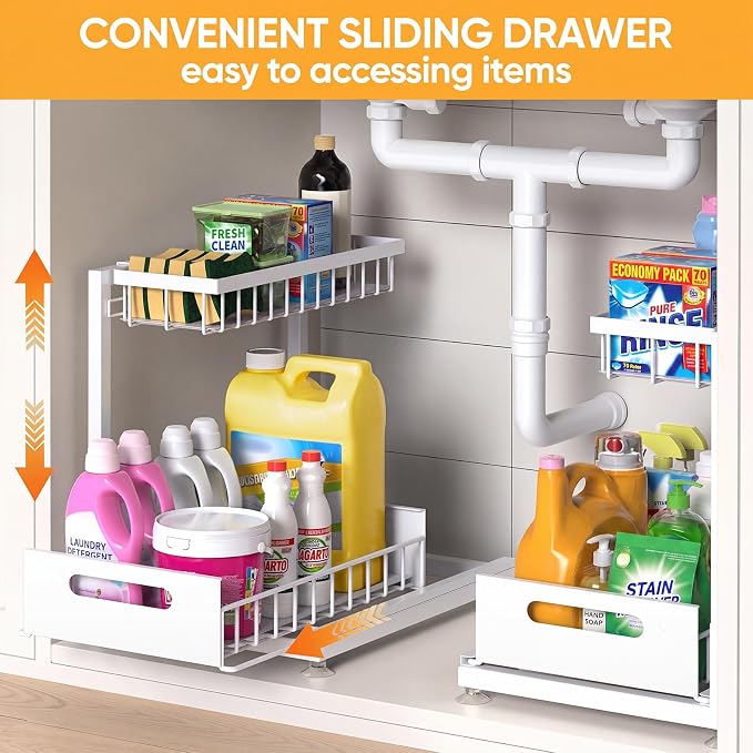 2-Pack L-Shaped Under Sink Organizer, 2-Tier Pull-out Cabinet Rack | White Height-Adjustable Steel Rack, Sliding Grid Drawers with PP Liners, Holds 100 Lbs, Suction Base, Ideal Kitchen Storage - Image 8