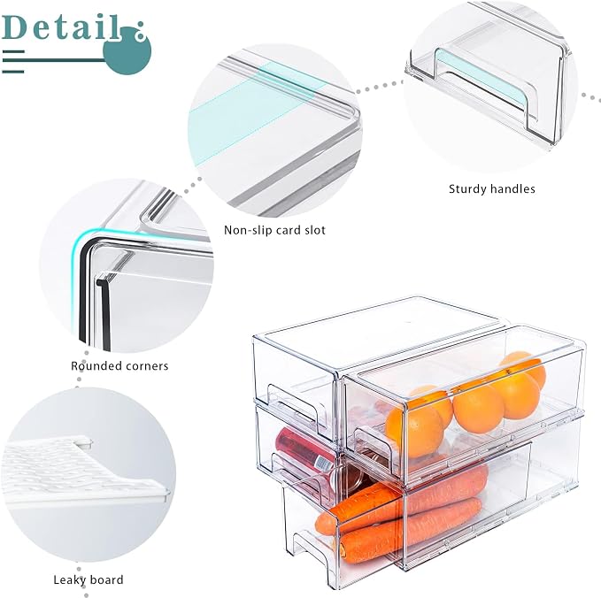 2 Pack Stackable Refrigerator Drawers Pull Out Bins Clear Fridge Drawer Organizer Food Storage Containers Plastic Veggie Fruit Produce Saver for Pantry Kitchen Freezer(M) - Image 6